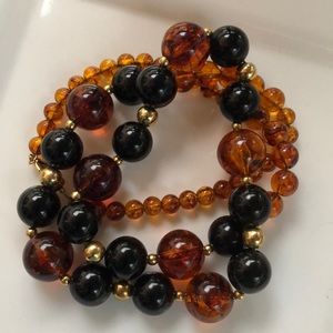 🧡Vintage Faux Jet & Amber Graduated Round Beads long Statement Necklace